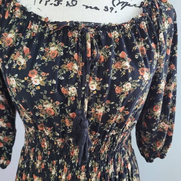 Justify small dark floral milkmaid dress long sleeve peasant style boho mini - Picture 4 of 11